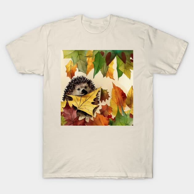 Hedgehog hiding between Autumn Leaves T-Shirt by fistikci